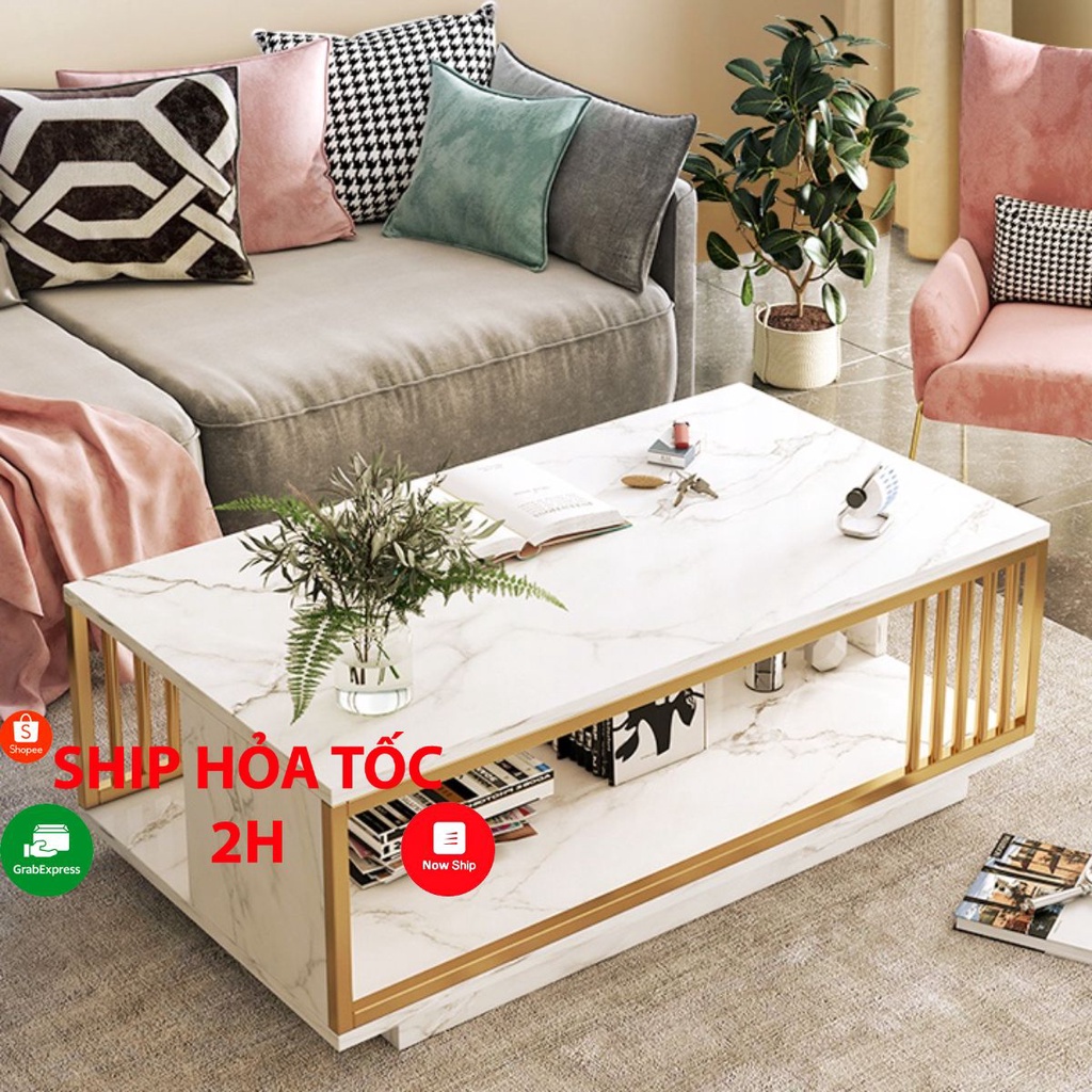 Bàn trà sofa phòng khách mặt bàn họa tiết vân mây cẩm thạch hoặc xám đen 2 tầng khung thép - SF02