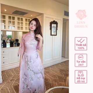Áo dài organza màu hồng kết pha lê Chiêu Nghi Linn Design