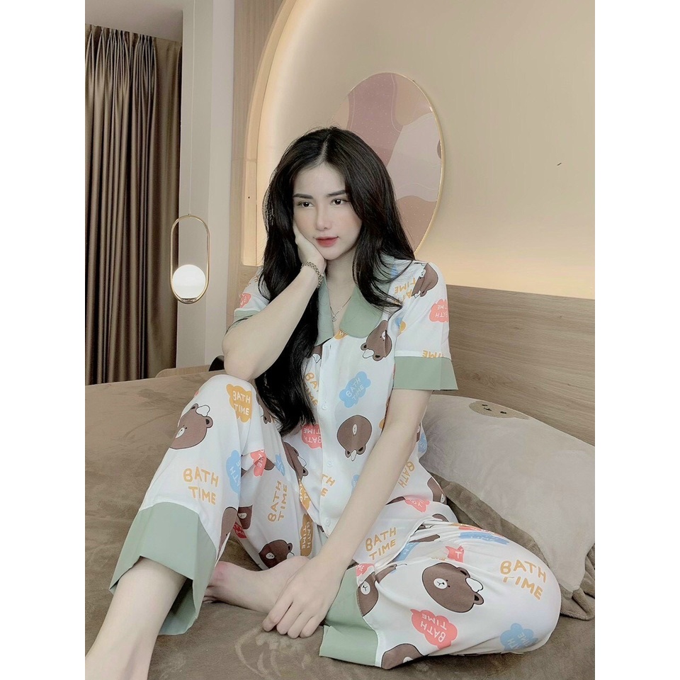 Đồ ngủ pijama - Bộ mặc nhà ngắn tay cổ sen dể thương, chất kate thái , mền mịm họa tiết dễ thương
