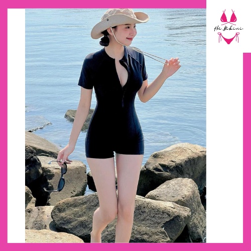Đồ bơi nữ bikini đi biển một mảnh tay ngắn khóa kéo màu đen form shost sành điệu kín đáo HÀ BIKINI M02