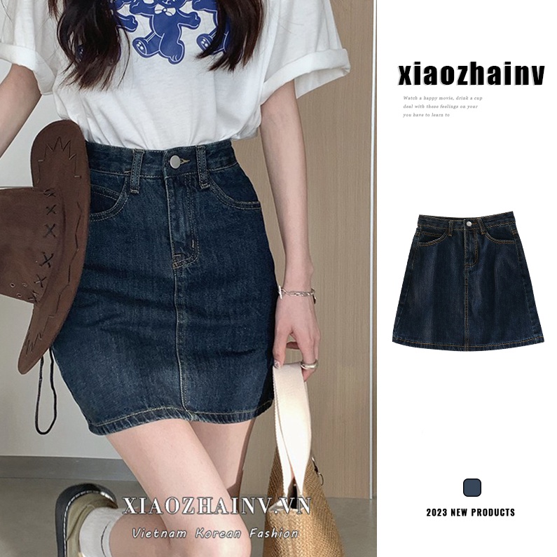 Xiaozhainv Chân váy jean kiểu chữ A lưng cao phong cách Hàn Quốc thời trang mùa hè dễ thương cho nữ
