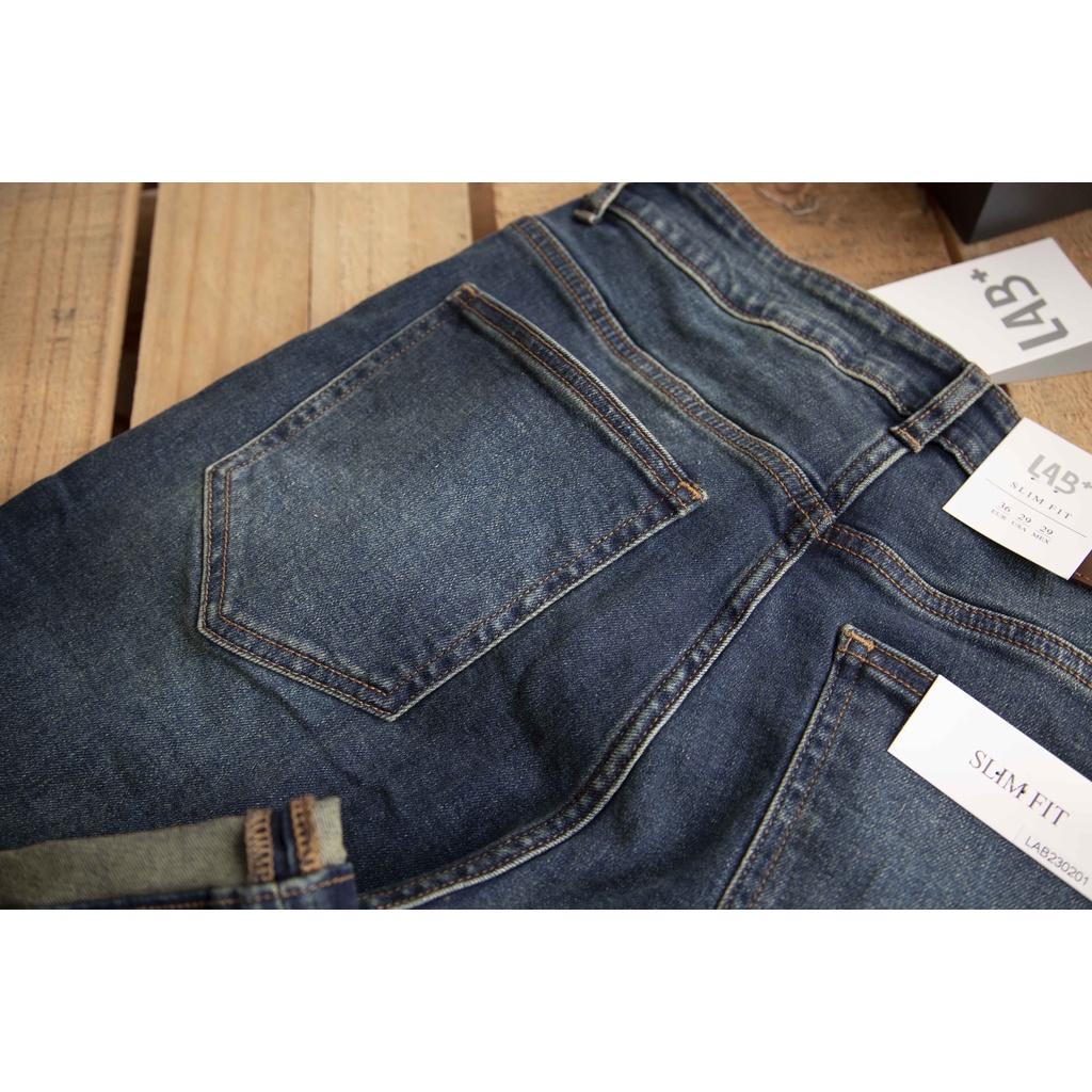 Quần jean nam LAB+ COTTONLAB màu xanh đậm, quần bò chất co dãn, from slimfit cao cấp LAB230201
