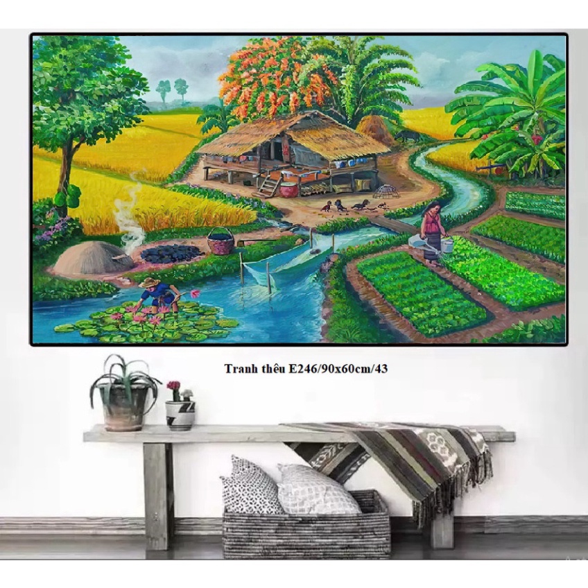 tranh thêu chữ thập phong cảnh làng quê e246 (90x60) cm