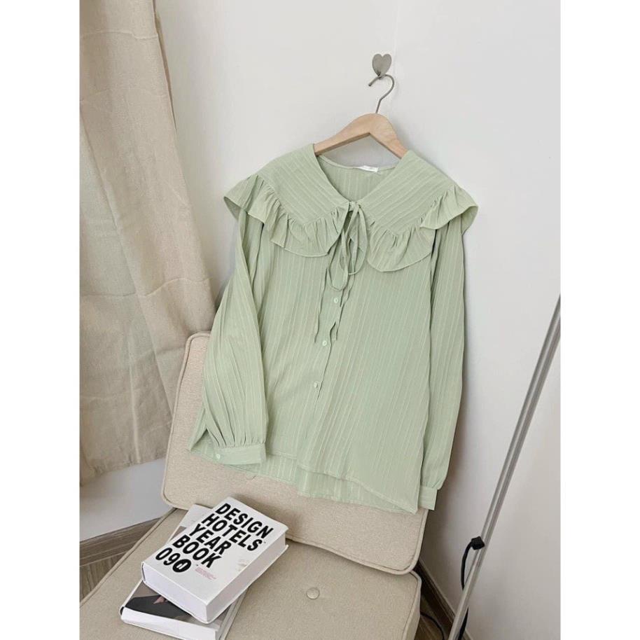 Sơ Mi Nữ Bèo Cổ Dài Tay Màu Xanh Ngọc Cổ Bẻ Diệu Bèo Nơ Chất Đũi Nhăn