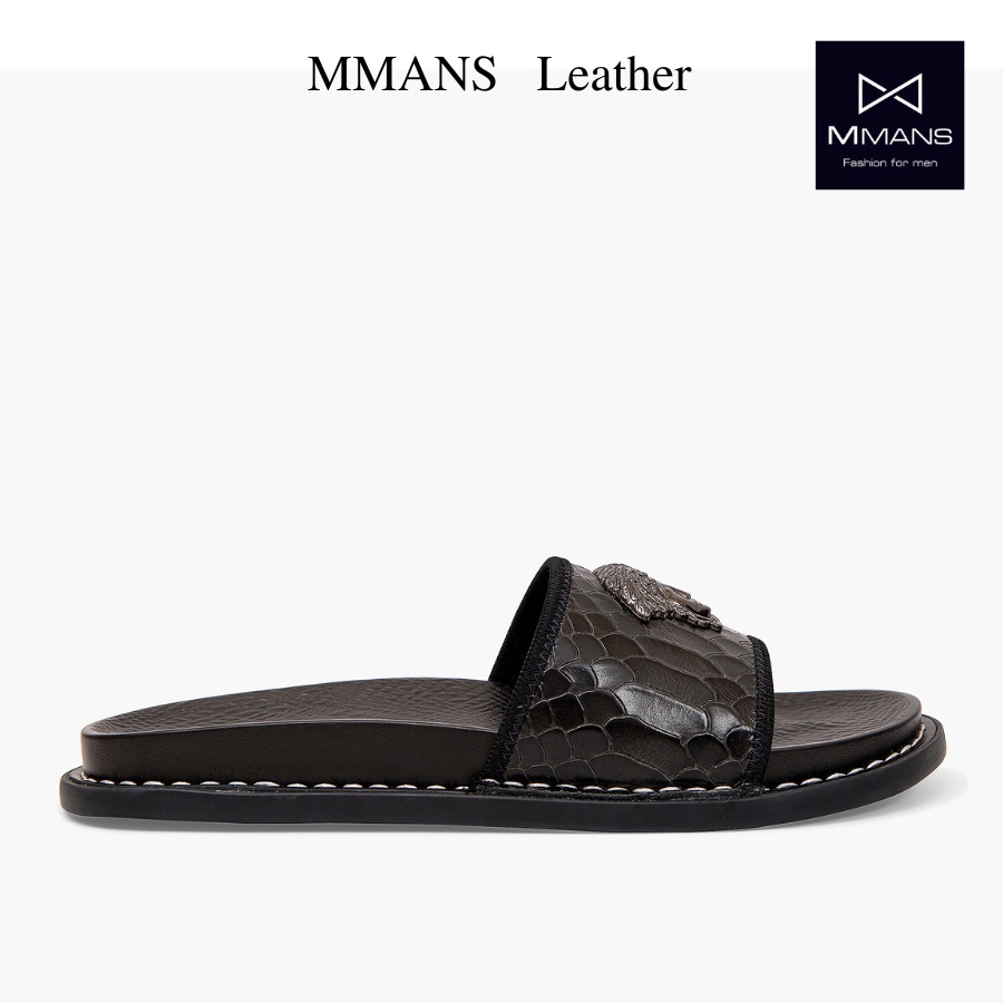 Dép da nam quai ngang MMANS dập vân màu đen có trang trí da tấm đế khâu viền cao cấp tinh tế đơn giản êm ái sang trọng