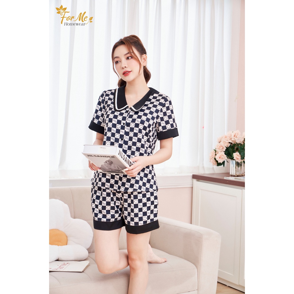 Bộ Lụa Sang Chảnh Thiết Kế ForMe Ngắn tay quần đùi Ô VUÔNG ĐEN TRẮNG 09