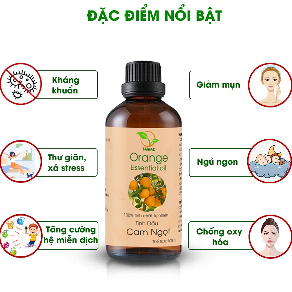 Tinh dầu cam ngọt TAMAS 50ml/100ml, tinh dầu thơm phòng, xông phòng, treo xe, khử mùi, thanh lọc không khí, giảm stress.