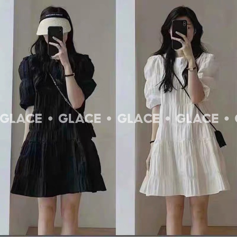 Váy đuôi cá GLACE Váy đầm suông babydoll dáng ngắn tay phồng chất liệu xốp nhăn dập ly kiểu dáng nữ tính thanh lịch | BigBuy360 - bigbuy360.vn