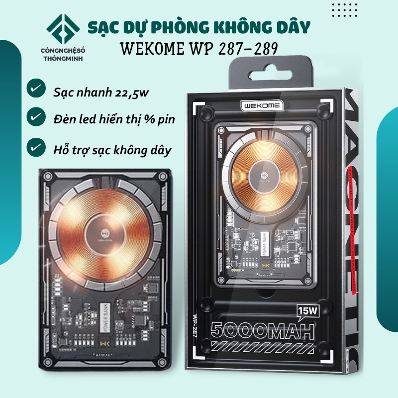 Sạc Dự Phòng Không Dây 15W, Tích Hợp Sạc Nhanh 22,5w WP-289 (10000mAh ) / WP-287 (5000mAh) - Sạc Dự Phòng Trong Suốt