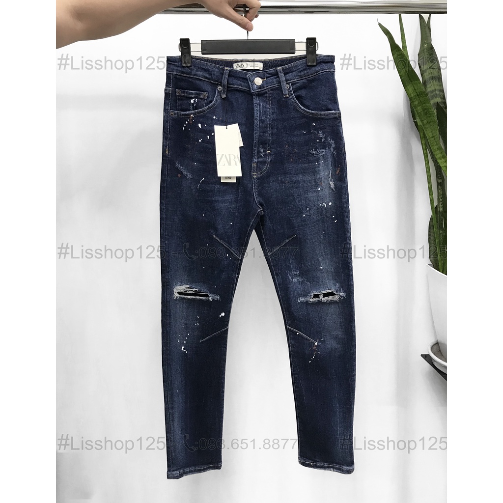 Quần Jeans Nam ZARA Authentic Xanh Tối Rách Đáp Kín