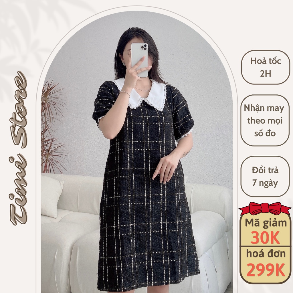 Váy Bầu Thu Đông MÀU ĐEN KẺ Ô VUÔNG DÁNG SUÔNG TAY CỘC CHẤT VẢI DẠ SIZE TỪ 40-100KG MB195