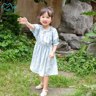 Váy bé gái trễ vai chất đũi tằm, váy hè cho bé gái vai bèo tiểu thư, cho bé từ 2,3,4,5,6,7,8 tuổi MonBabies VL31