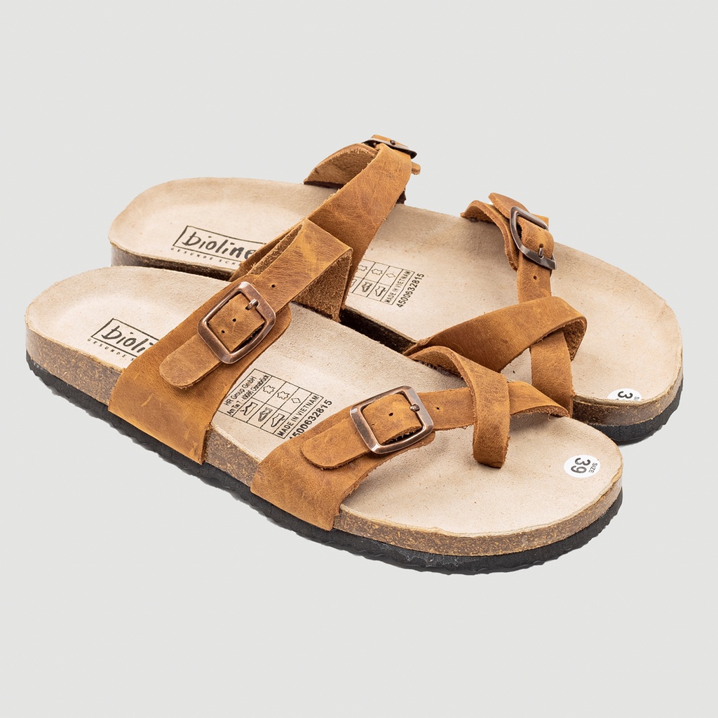 ( Mẫu Da Thật ) D06 - Dép Birken Đế Trấu BIOLINE Official Thiết Kế Unisex Quai Chéo Xỏ Ngón Da Bò