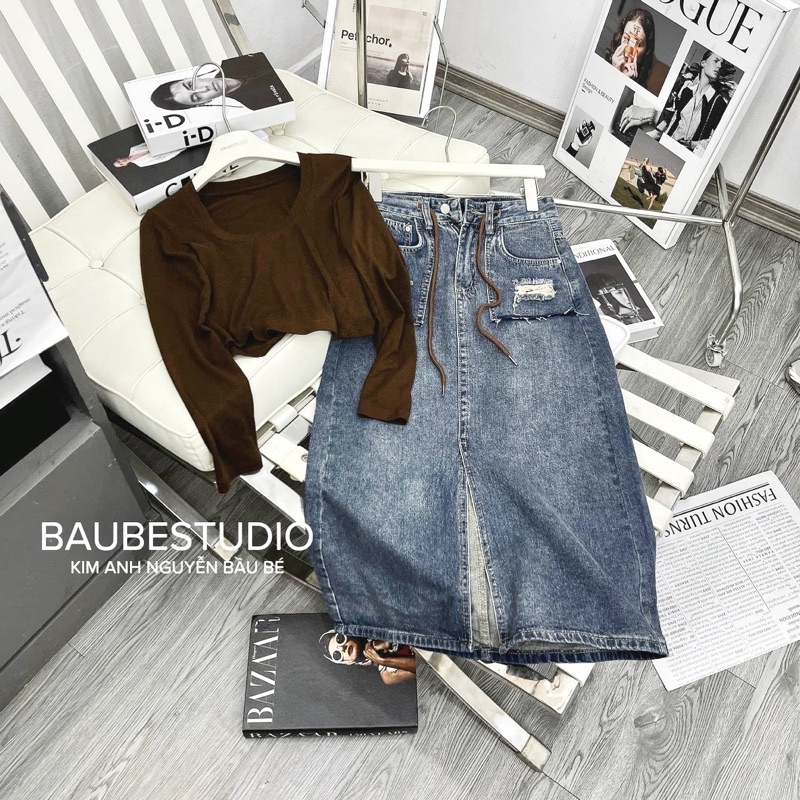 CHÂN VÁY JEANS RÁCH TÚI 2 BÊN KÈM DÂY CỰC PHONG CÁCH CÁ TÍNH