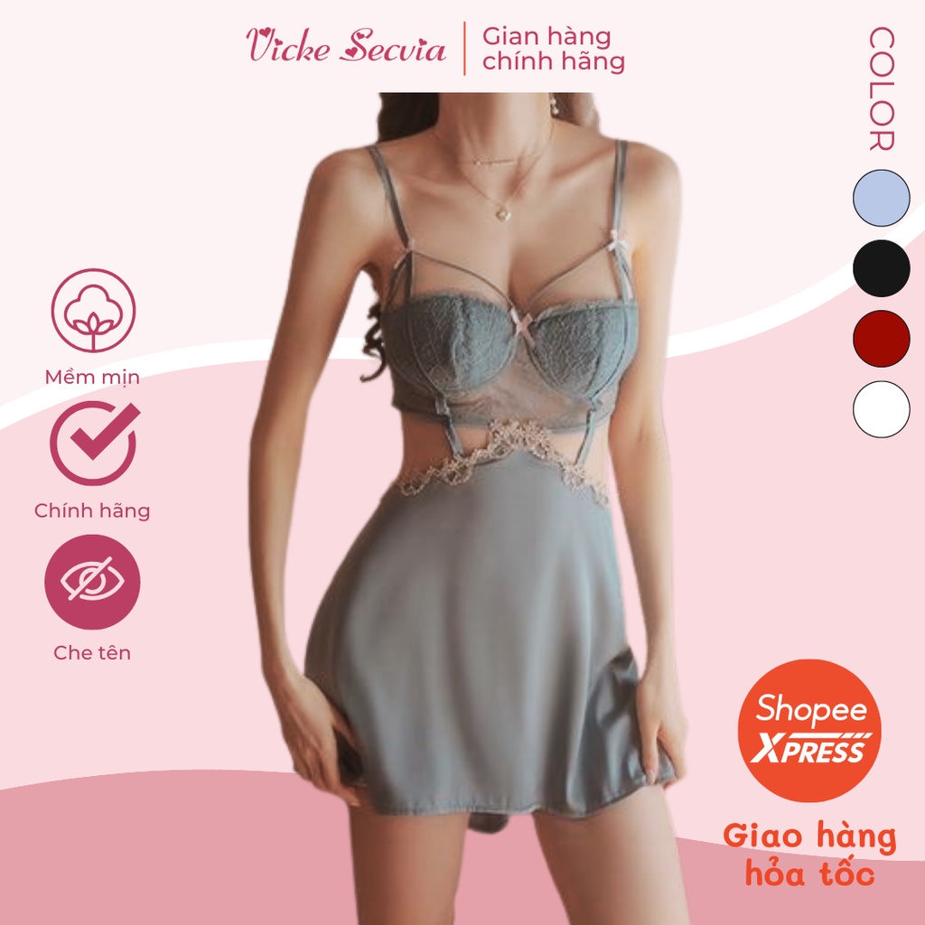 Bộ đồ ngủ VICKE SECVIA chất lụa phối ren cao cấp ít nhăn, phong cách sexy quyến rũ 1258