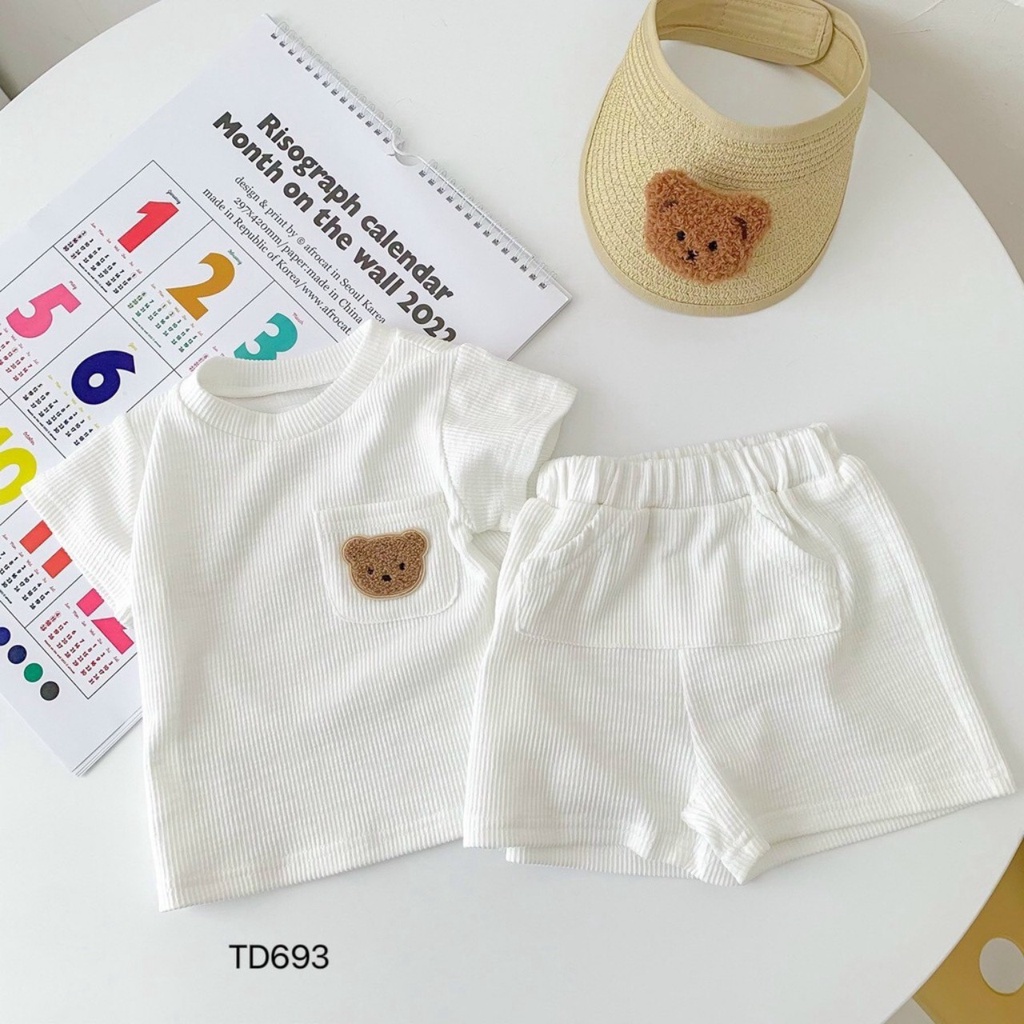 Bộ cộc tay thun tăm túi gấu unisex cho bé trai, bé gái thoáng mát, chất cotton thời trang