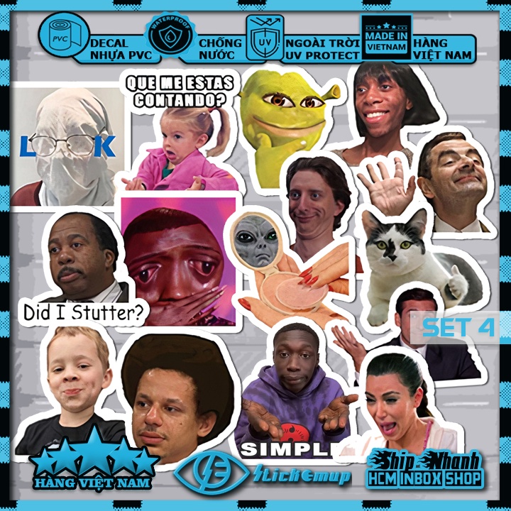 Sticker MEME, hình dán meme hài hước vui nhộn cute, decal nhựa chống nước, dán mũ bảo hiểm, dán laptop, dán vali, dán xe