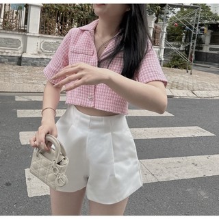 Set crop dạ caro hồng cổ vest short trắng🌸