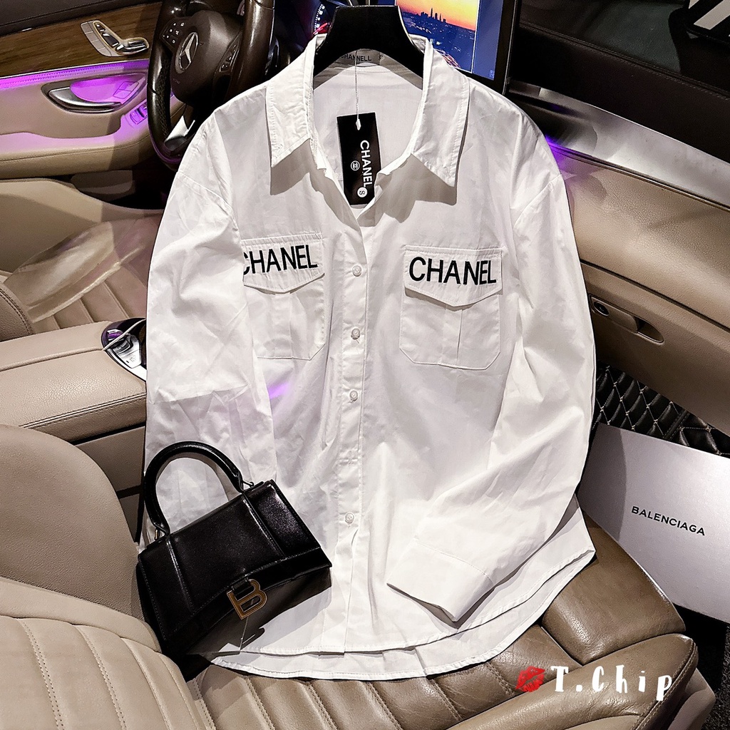Sơ mi trắng thêu chữ túi ngực form rộng hàng qccc loại 1 chất đẹp- ảnh thật SM080