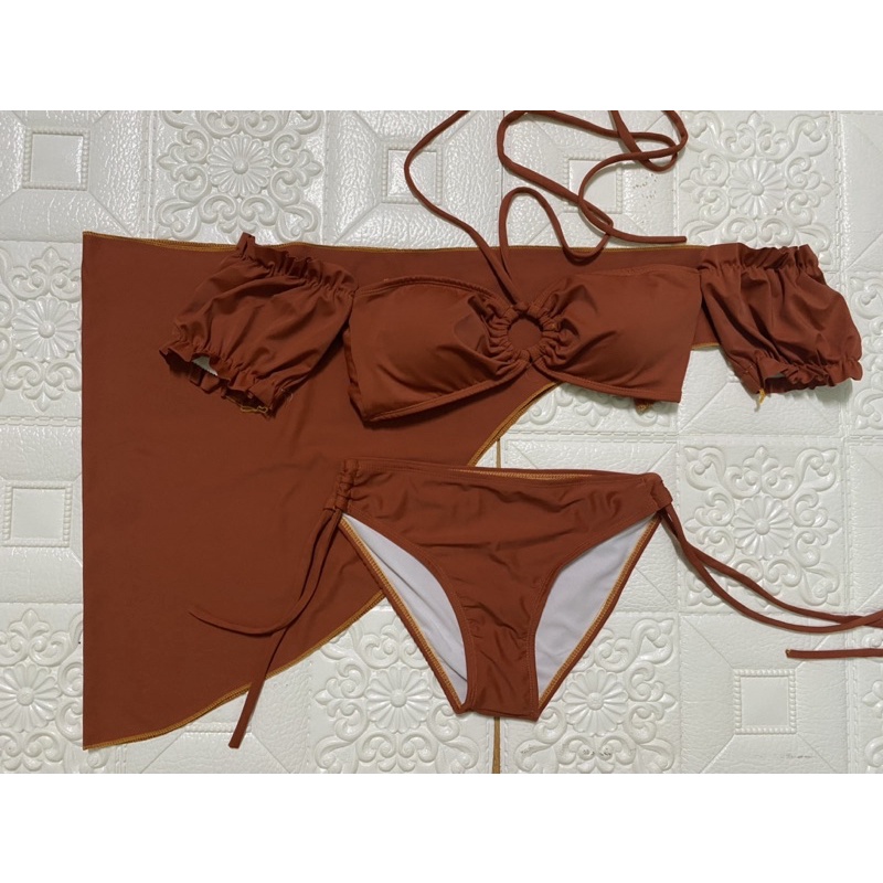Bikini sét 3 món áo tay nhún quần xịt luồng dây