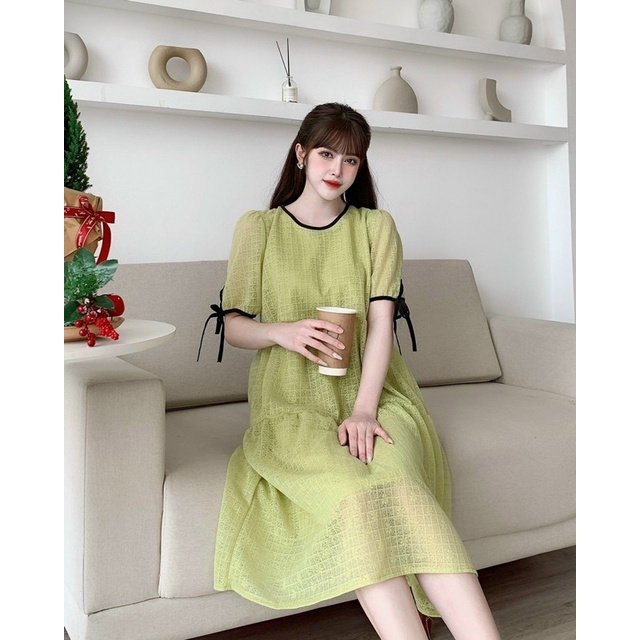 Đầm ren Xốp Hai Lớp Dáng Babydoll Phối Viền Nơ Mã H40