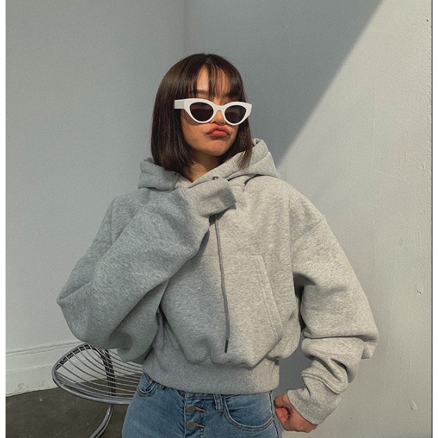 Áo Hoodie Ngắn Dáng Rộng Lót Lông Cừu Dày Dặn Phong Cách Retro Mỹ Mùa Thu Và Mùa Đông Phiên Bản Hàn Quốc Preppy Mới