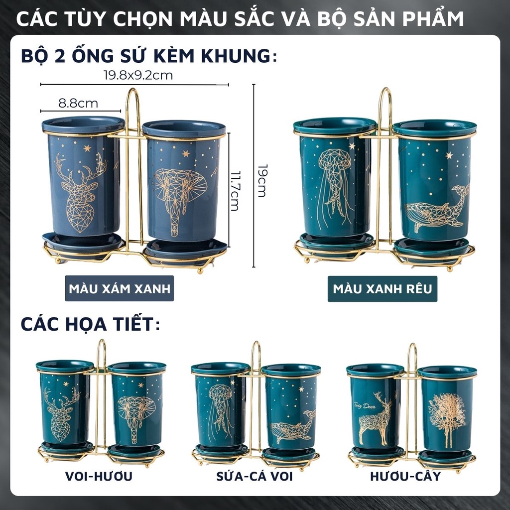 Bộ ống đựng sứ QH.Home DandiHome đựng đũa, thìa, muỗng cao cấp kèm khung thép