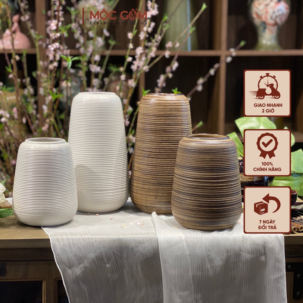 Bình cắm hoa gốm sứ Bát Tràng men lì vân ganh nổi trang trí phòng khách đẹp Mộc Gốm MG152