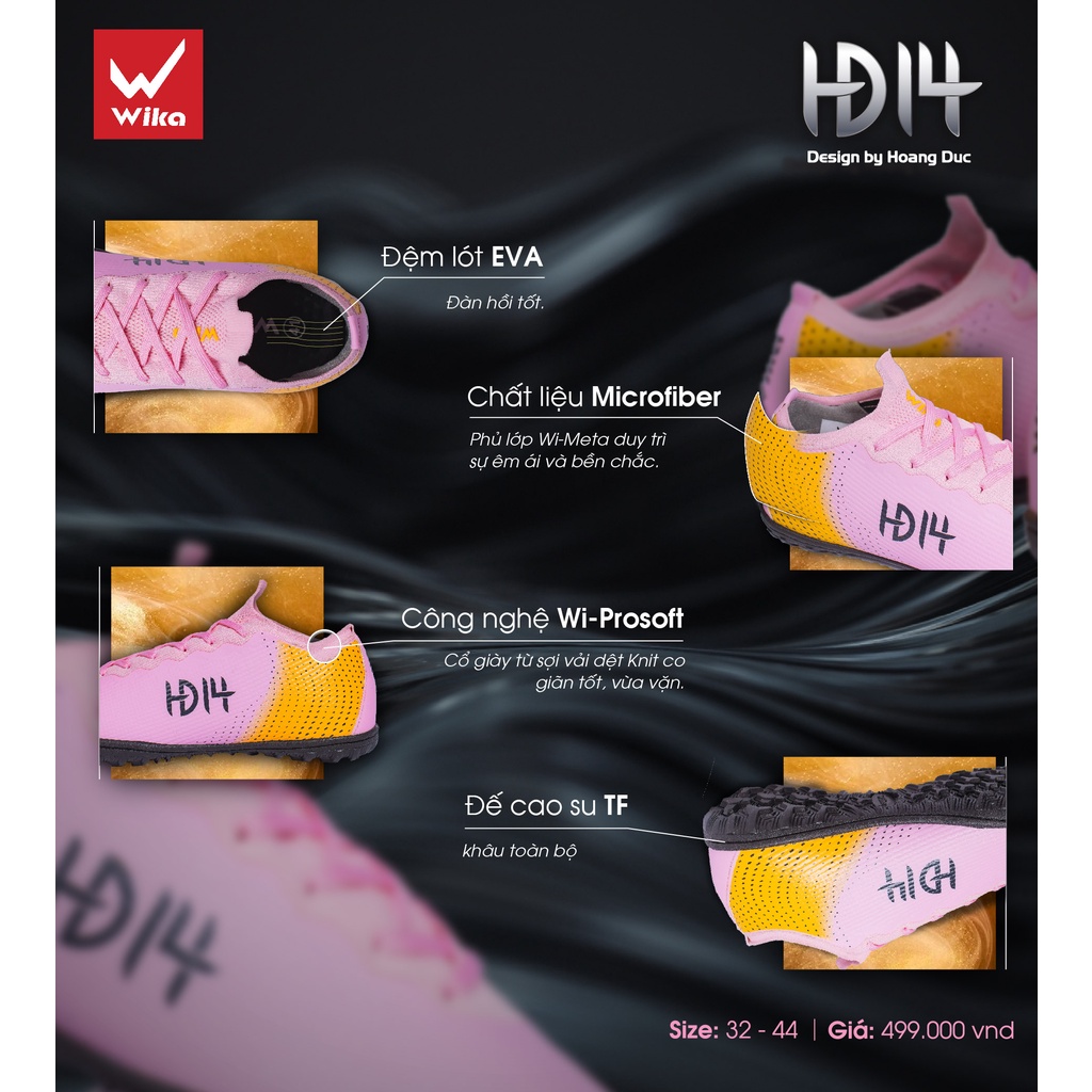 Giày Đá Bóng Wika Hoàng Đức HD14 Chính Hãng,Dành Cho Sân Cỏ Nhân Tạo,Ôm Chân,Khâu Toàn Bộ Đế