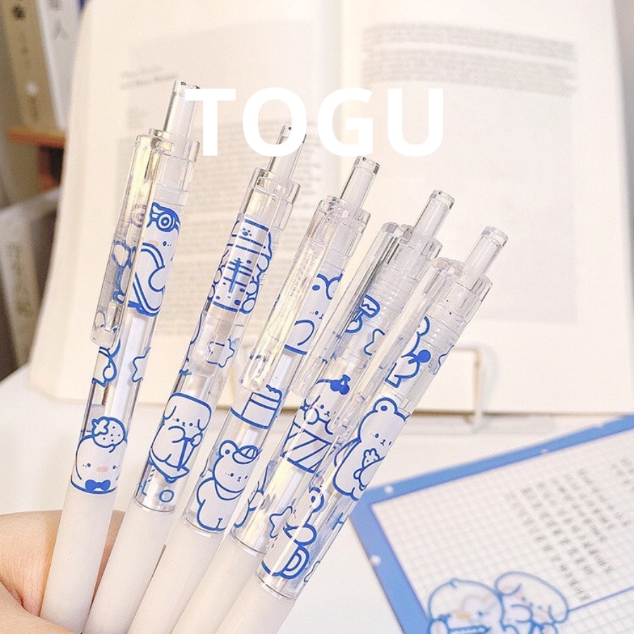 Bút bi bấm hình gấu cute TOGU bút viết trong suốt in hình sticker mực mau khô ngòi 0.5mm ruột bút dễ thay