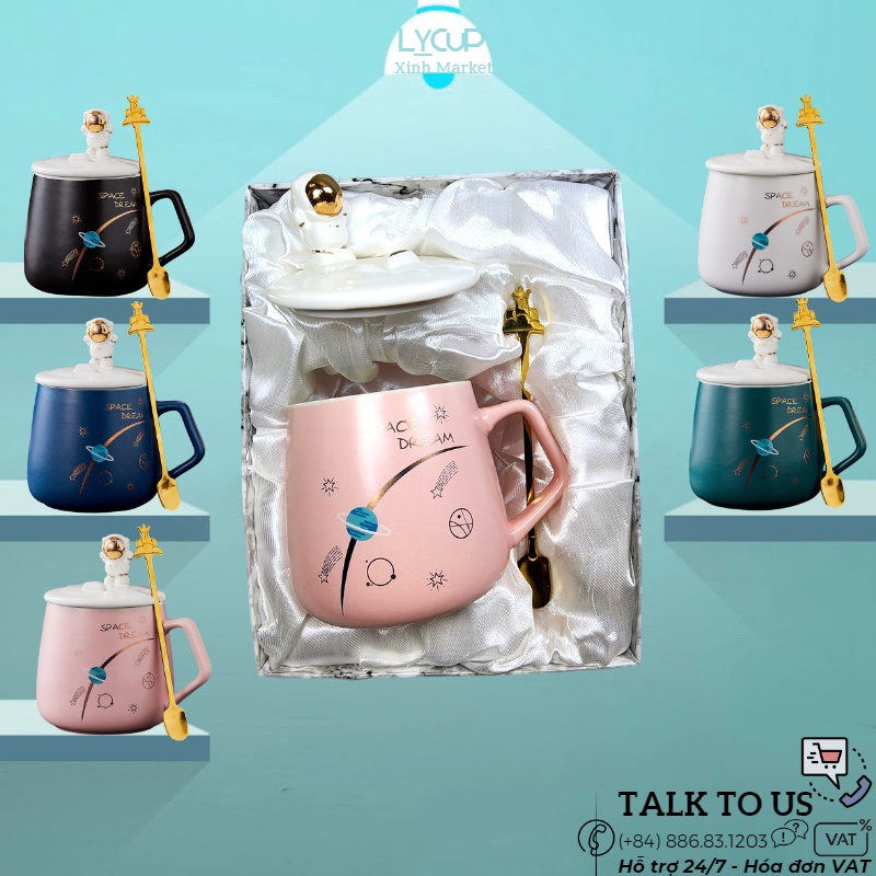 Cốc sứ PHI HÀNH GIA - KHẮC TÊN THEO YÊU CẦU ý nghĩa, ly sứ CÓ NẮP & THÌA, dung tích 400ml, HÔP QUÀ TẶNG in logo, in hình