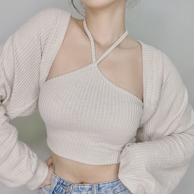 SET ÁO YẾM KÈM CARDIGAN TAY BỒNG MANG CỰC DỄ THƯƠNG