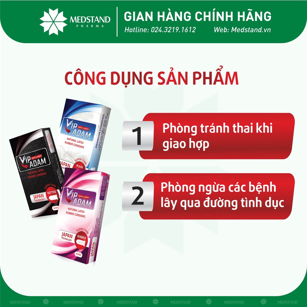Bao cao su công nghệ Nhật Bản MEDSTAND Bao cao su Vip Adam 4 loại Trơn, Vân, Gai, Siêu mỏng