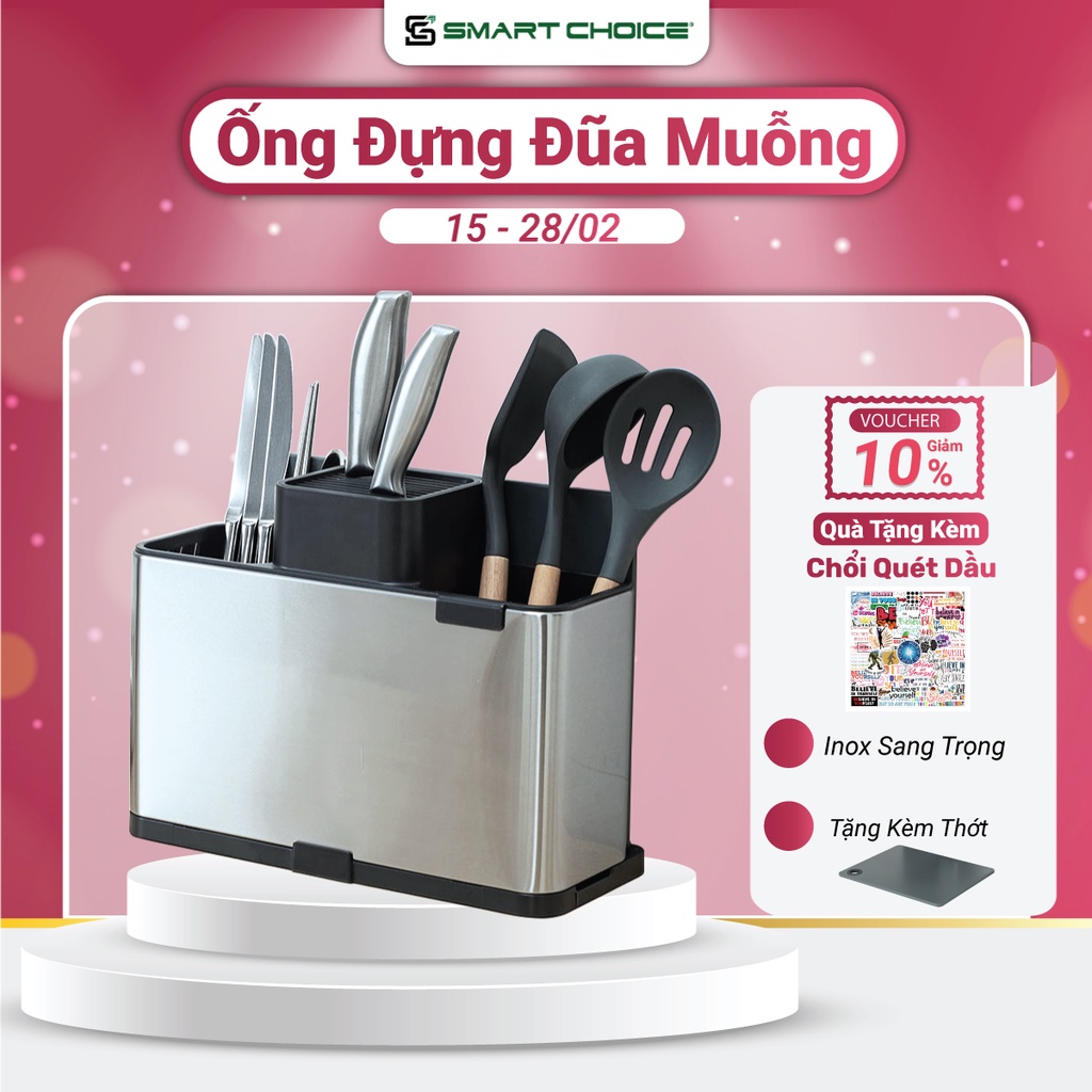 Ống Đựng Đũa Muỗng Đa Năng SmartChoice Cao Cấp (Kèm Thớt), Kệ Để Dao Thớt Nhà Bếp Inox 304 Bền Đẹp An Toàn