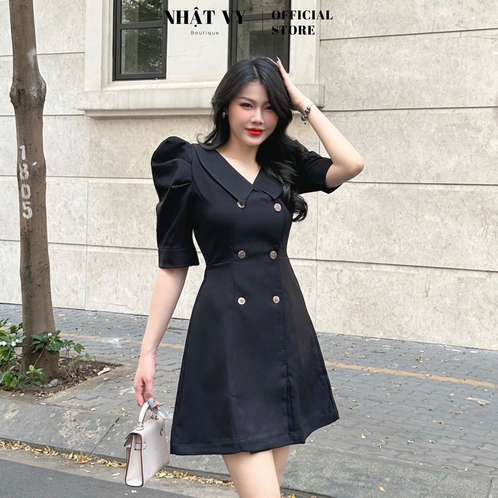 Đầm công sở Nhật Vy cổ vest tay phồng phối cúc dáng ôm chất cotton gân nổi phù hợp đi chơi, du lịch sang chảnh - D2433