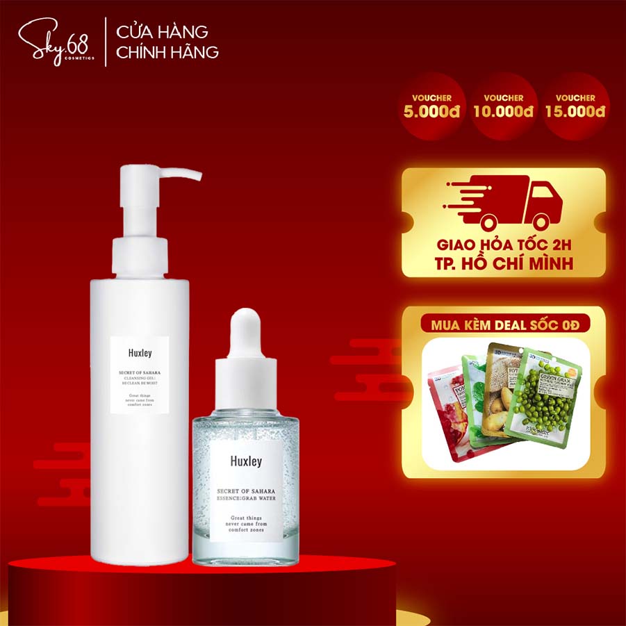 Combo Cấp Ẩm Dưỡng Trắng Da Chiết Xuất Xương Rồng Huxley ( Serum Grab Water 30ml + SRM Cleansing Gel 200ml )