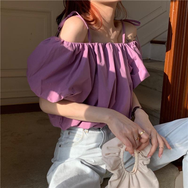 Đầm dự tiệc bẹt vai Áo dài tay trễ Off-shoulder Top vai Áo Sơ Mi Tím Tay Phồng Cổ Phẳng Dáng Rộng Hở Vai Phong Cách Hàn Quốc Thời Trang Mùa Hè Dành Cho Nữ