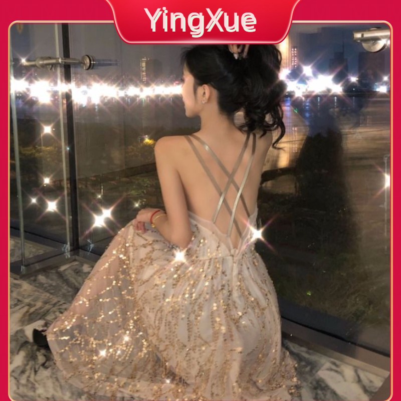2023 Mới Rò Rỉ Lưng Đầm Nữ Tính Cổ Chữ V Kim Sa Lấp Lánh Rỗng Váy Dài Nữ Gợi Cảm
