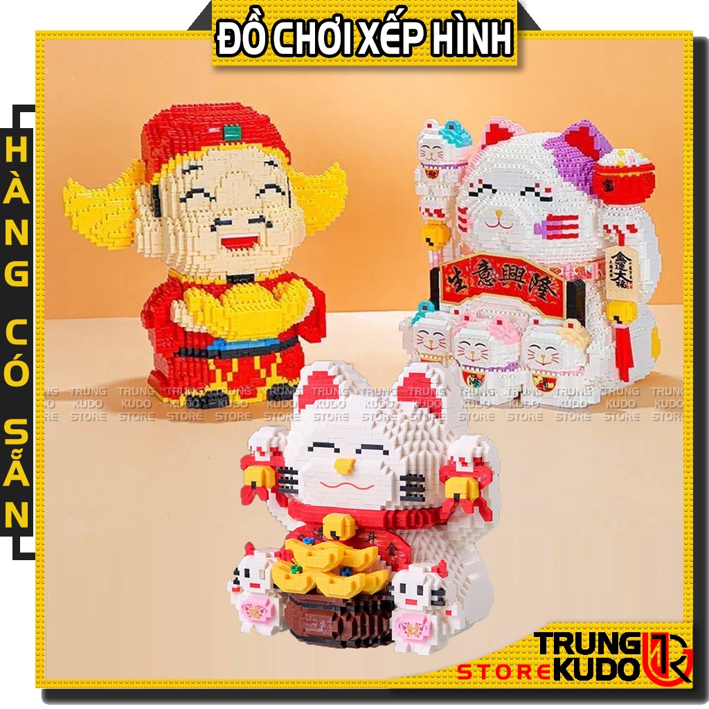 Mô hình Thần tài và Mèo may mắn dạng đồ chơi lắp ráp làm quà tặng đồ decor để tiết kiệm