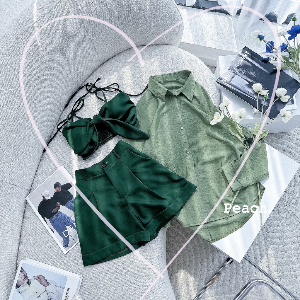 SÉT 3 MÓN ĐI BIỂN KHOÁC SƠ MI KÈM BRA CỘT NƠ SHORT