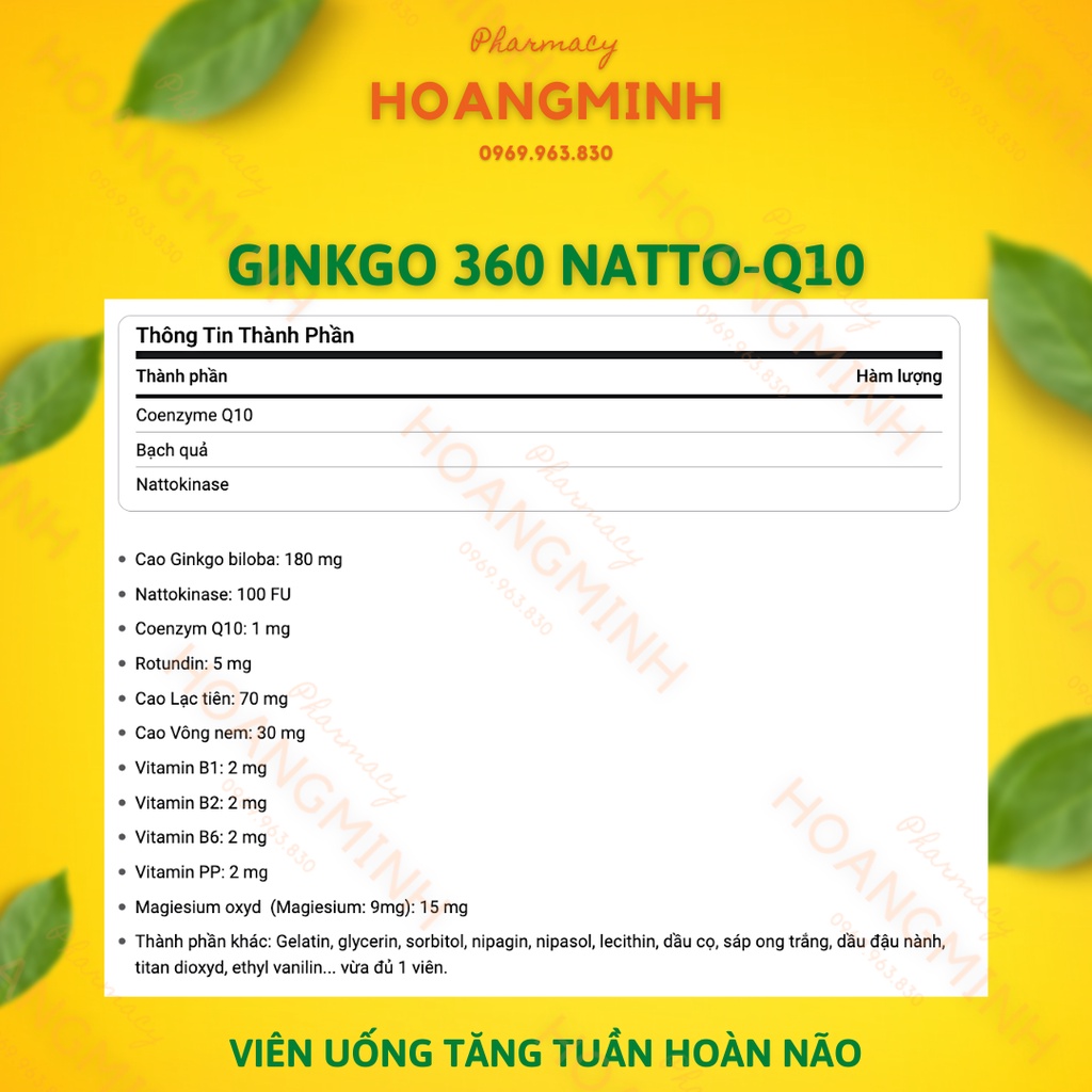 VIÊN UỐNG GINKGO 360 NATTO-Q10 |Hộp 100 Viên| Tăng Cường Tuần Hoàn Và Lưu Thông Mạch Máu Não