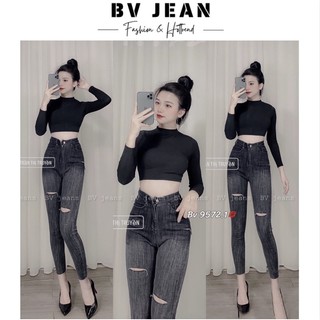 Quần jean ôm nữ loang khói rách gối bv jean quần ôm nữ cạp cao