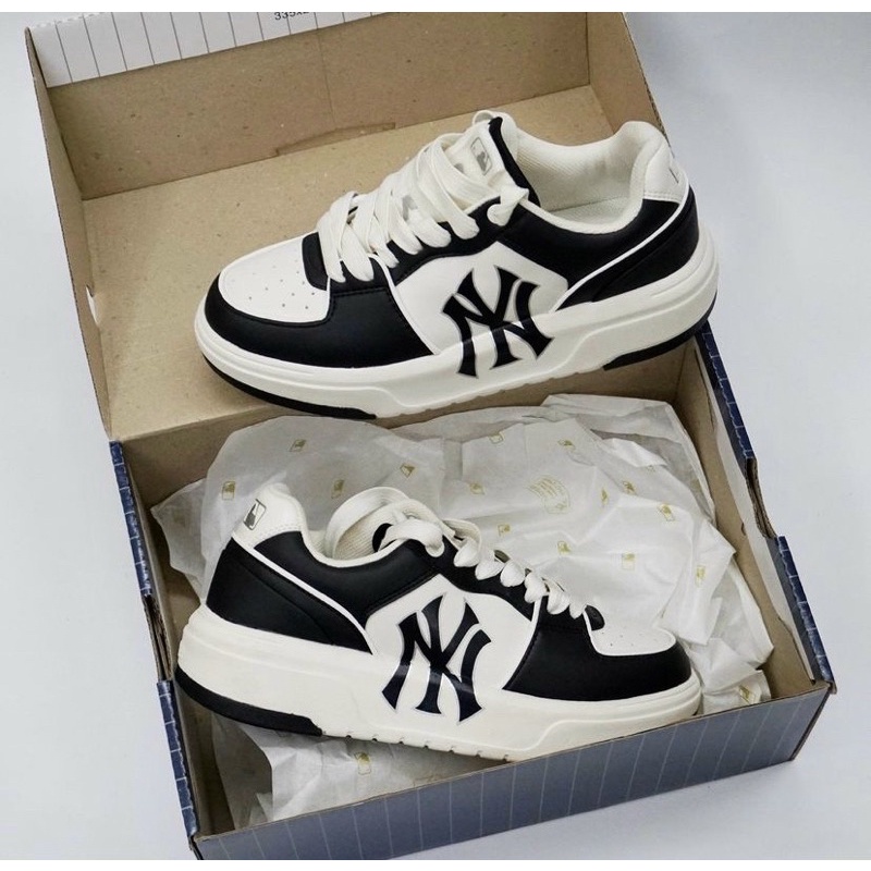 Giày Thể Thao MLB Chunky Liner New York  Màu Đen Trắng in chữ NY đen , giày LINER NY Đen trắng SC Tr