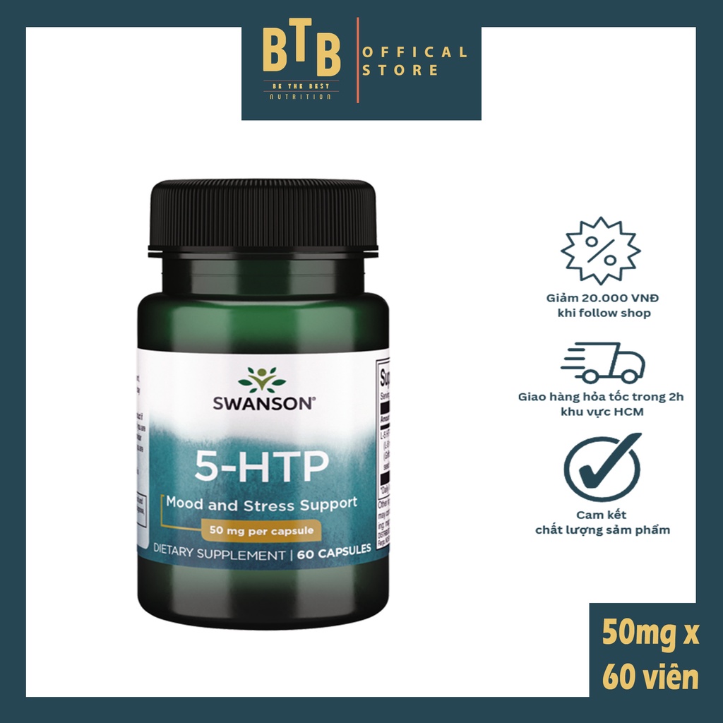 Viên uống 5-HTP 50mg x 60 viên hỗ trợ giảm căng thẳng, mệt mỏi, stress và giúp ngủ ngon từ thương hiệu SWANSON