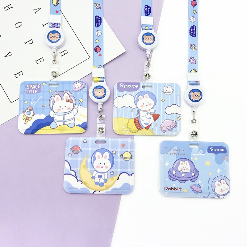 Bao đựng thẻ ngang họa hình thỏ kèm dây đeo cổ nút rút co dãn cute