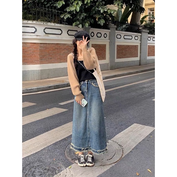 Chân váy jean dáng dài  tua tua 77