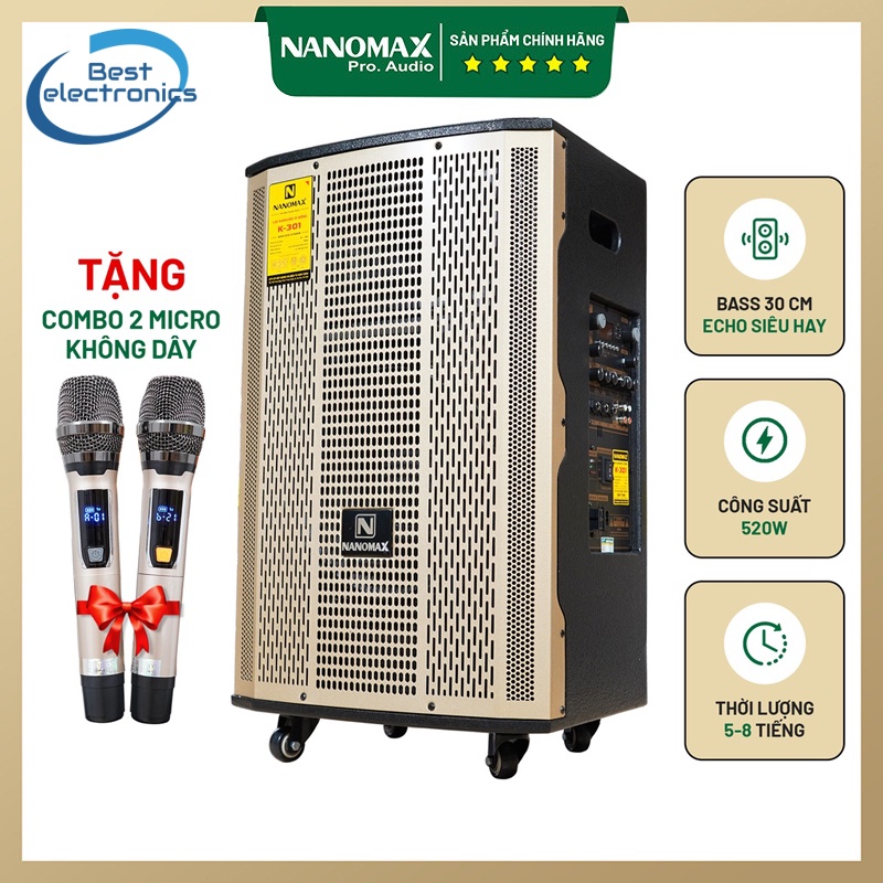 Loa Kéo Karaoke Công Suất Lớn Nanomax K-301 | Loa Kéo Giá Rẻ Tặng 2 Mic Không Dây | Loa Kéo Bluetooth Bass 30