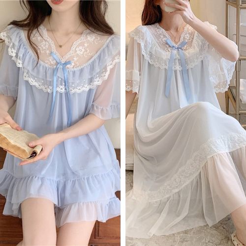 (SẴN) Set nữ ngắn voan xanh pastel viền ren mặc nhà quảng châu