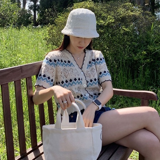 Áo cardigan LANJIEXI dệt kim tay ngắn cổ chữ V màu tương phản thời trang