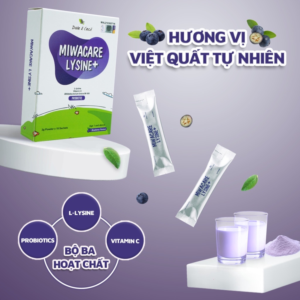 Men Vi Sinh Cho Bé Miwacare Lysine+ Nhập Khẩu Malaysia Hộp 10 gói Vị Việt Quất - Miwako Official Store